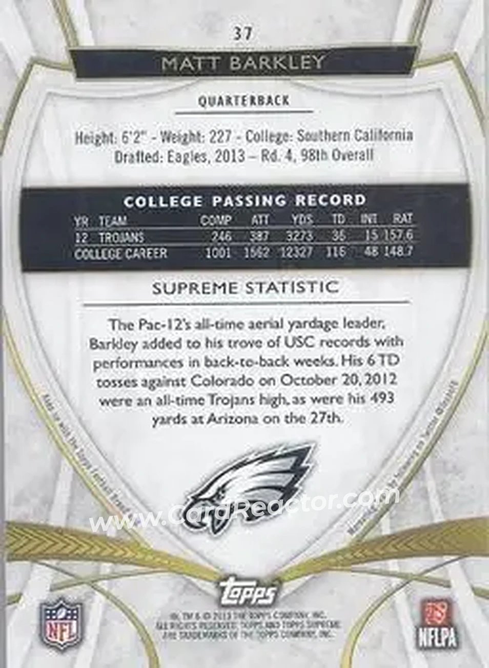 2013 Topps Supreme - Green #37 - Matt Barkley - Philadelphia Eagles - Back 2013 Topps Supreme - Green #37 - Matt Barkley - Philadelphia Eagles - Back