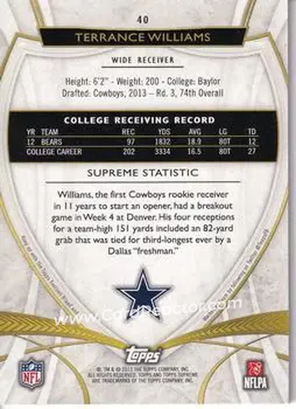 2013 Topps Supreme - Green #40 - Terrance Williams - Dallas Cowboys - Back