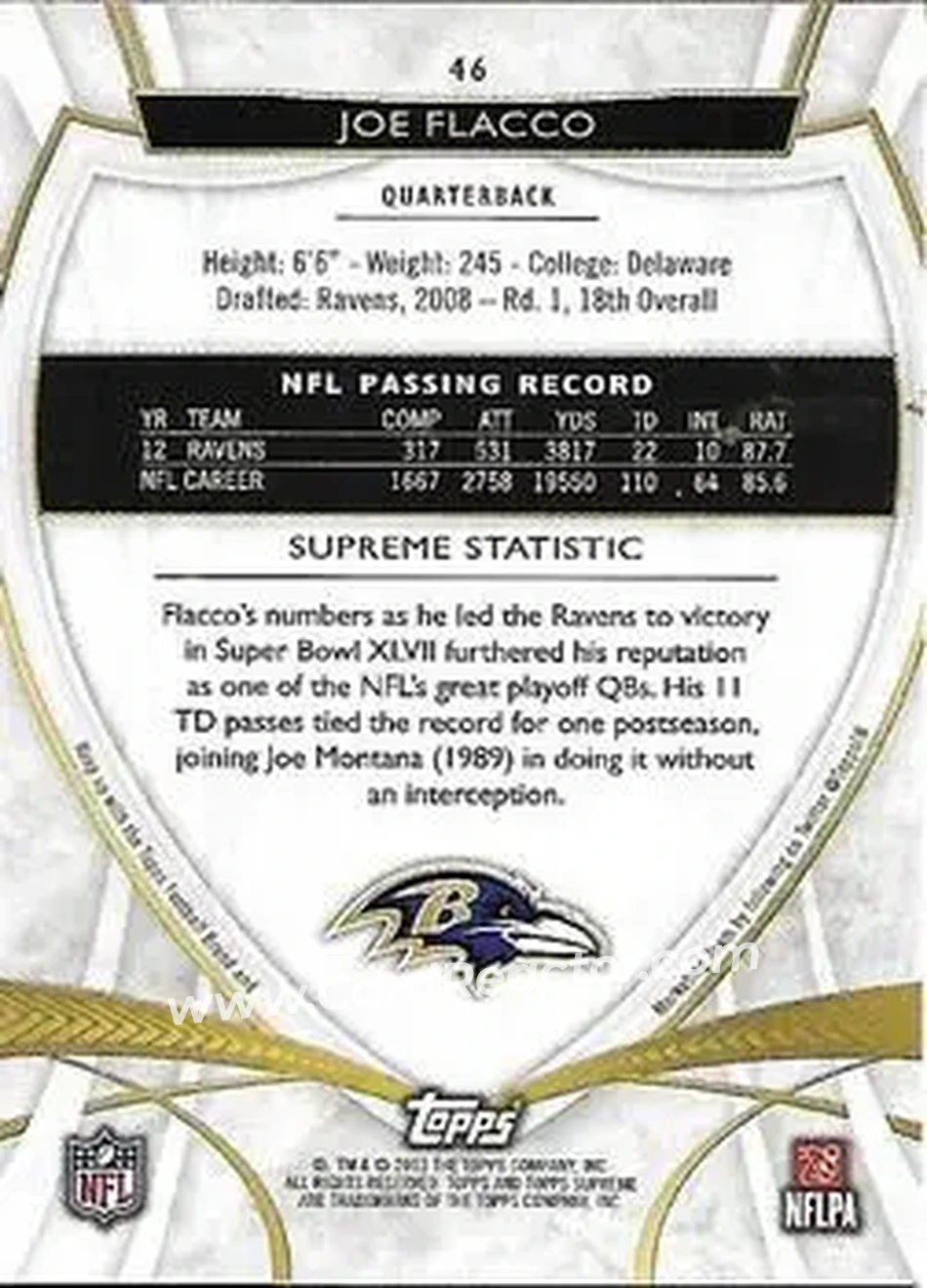 2013 Topps Supreme - Green #46 - Joe Flacco - Baltimore Ravens - Back