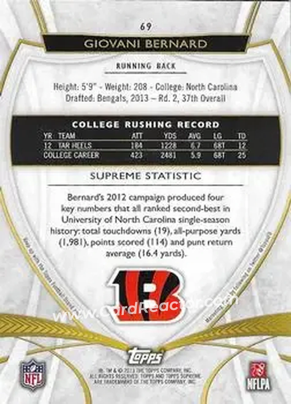 2013 Topps Supreme - Green #69 - Giovani Bernard - Cincinnati Bengals - Back
