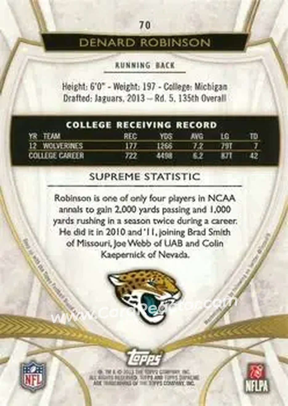2013 Topps Supreme - Green #70 - Denard "Shoelace" Robinson - Jacksonville Jaguars - Back