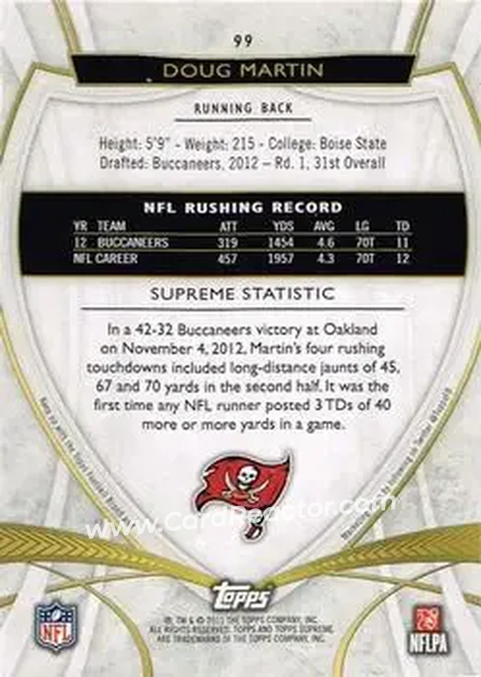2013 Topps Supreme - Green #99 - Doug Martin - Tampa Bay Buccaneers - Back 2013 Topps Supreme - Green #99 - Doug Martin - Tampa Bay Buccaneers - Back
