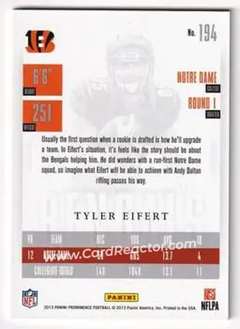 2013 Panini Prominence - Gold #194 - Tyler Eifert - Cincinnati Bengals - Back