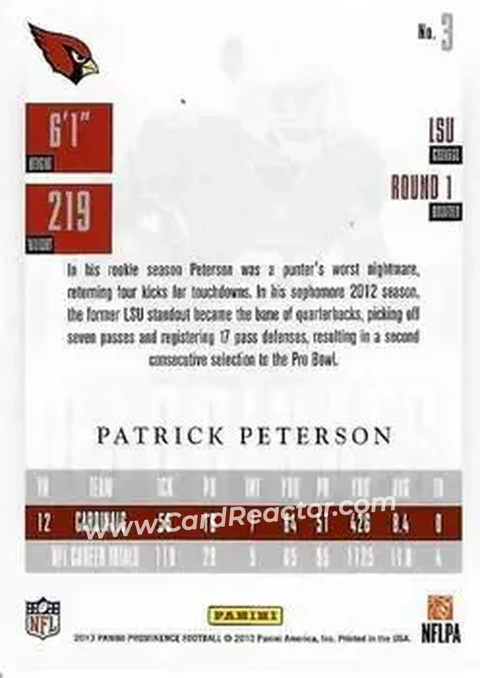 2013 Panini Prominence - Platinum #3 - Patrick Peterson - Arizona Cardinals - Back