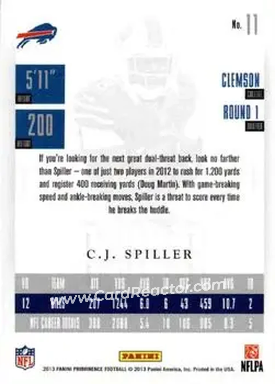 2013 Panini Prominence - Platinum #11 - C.J. Spiller - Buffalo Bills - Back