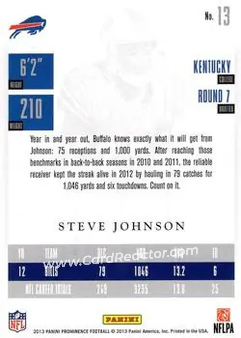2013 Panini Prominence - Platinum #13 - Steve Johnson - Buffalo Bills - Back