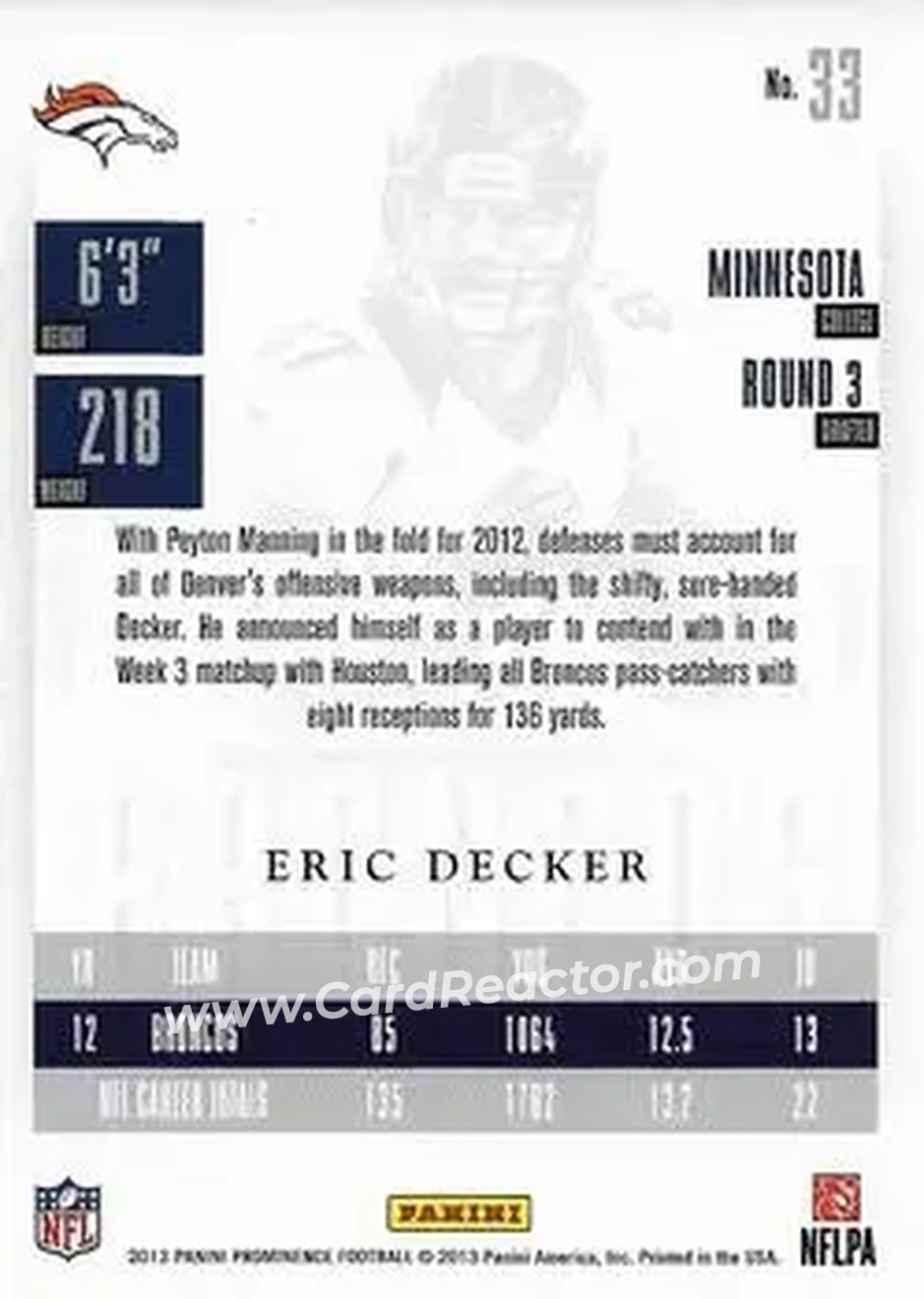 2013 Panini Prominence - Platinum #33 - Eric Decker - Denver Broncos - Back