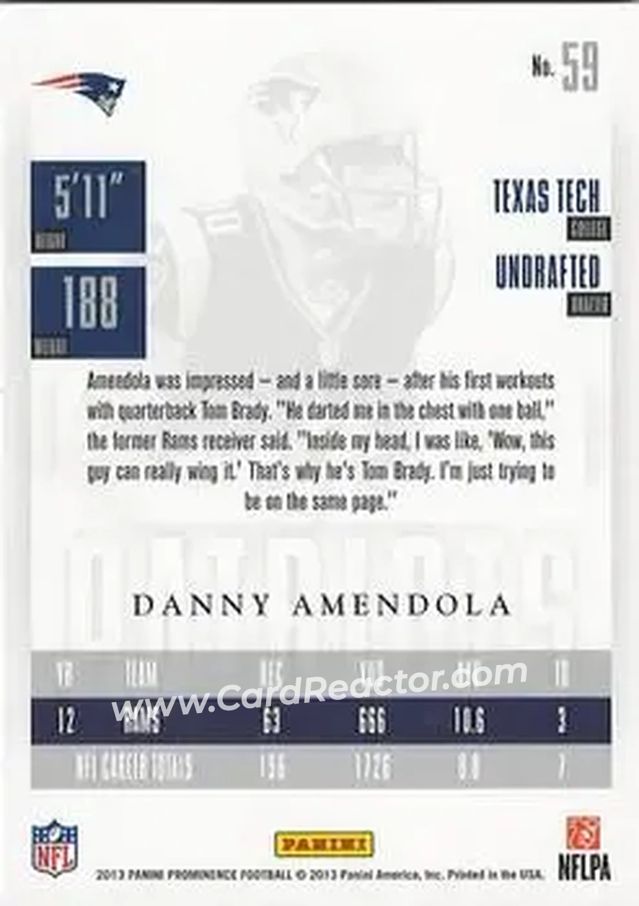 2013 Panini Prominence - Platinum #59 - Danny Amendola - New England Patriots - Back
