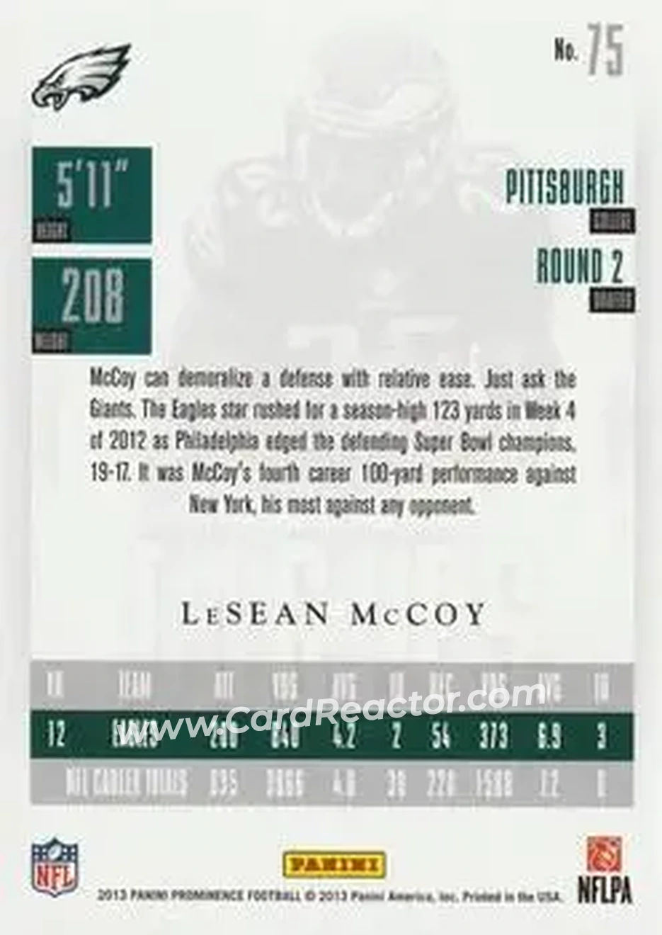 2013 Panini Prominence - Platinum #75 - LeSean McCoy - Philadelphia Eagles - Back