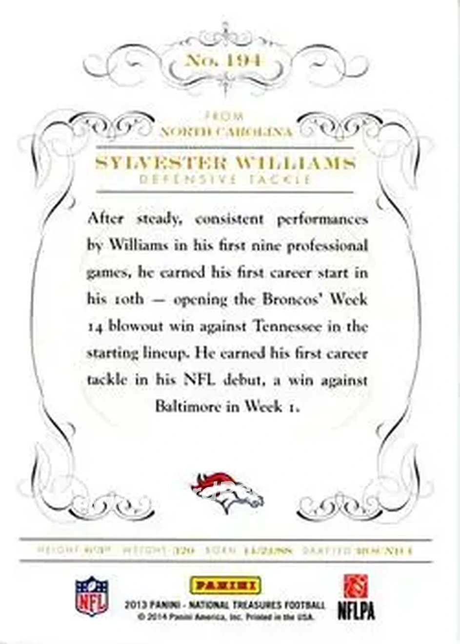 2013 Panini National Treasures - Century Gold #194 - Sylvester Williams - Denver Broncos - Back