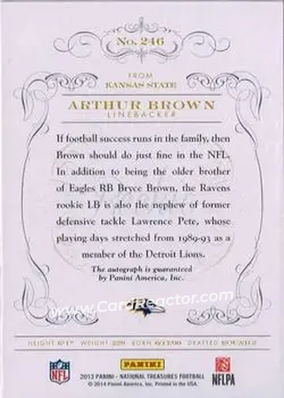2013 Panini National Treasures - Century Gold #246 - Arthur Brown - Baltimore Ravens - Back