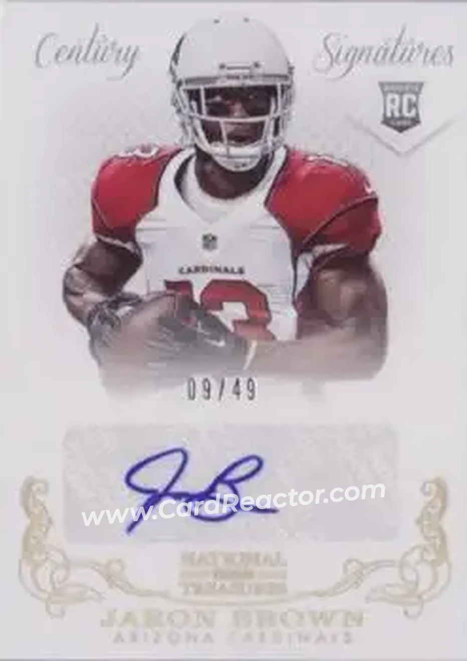 2013 Panini National Treasures - Century Gold #284 - Jaron Brown - Arizona Cardinals - Front 2013 Panini National Treasures - Century Gold #284 - Jaron Brown - Arizona Cardinals - Front
