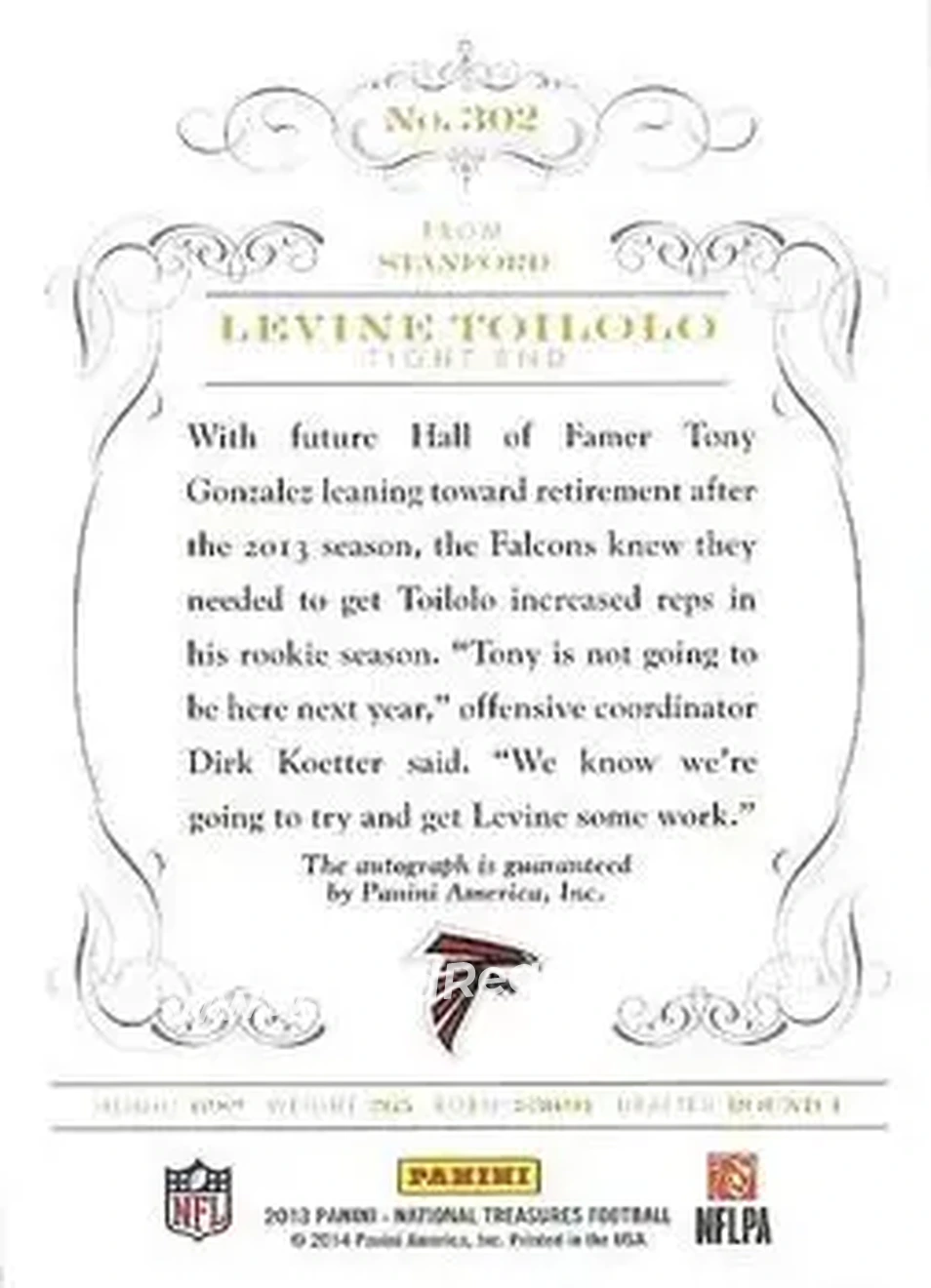 2013 Panini National Treasures - Century Gold #302 - Levine Toilolo - Atlanta Falcons - Back