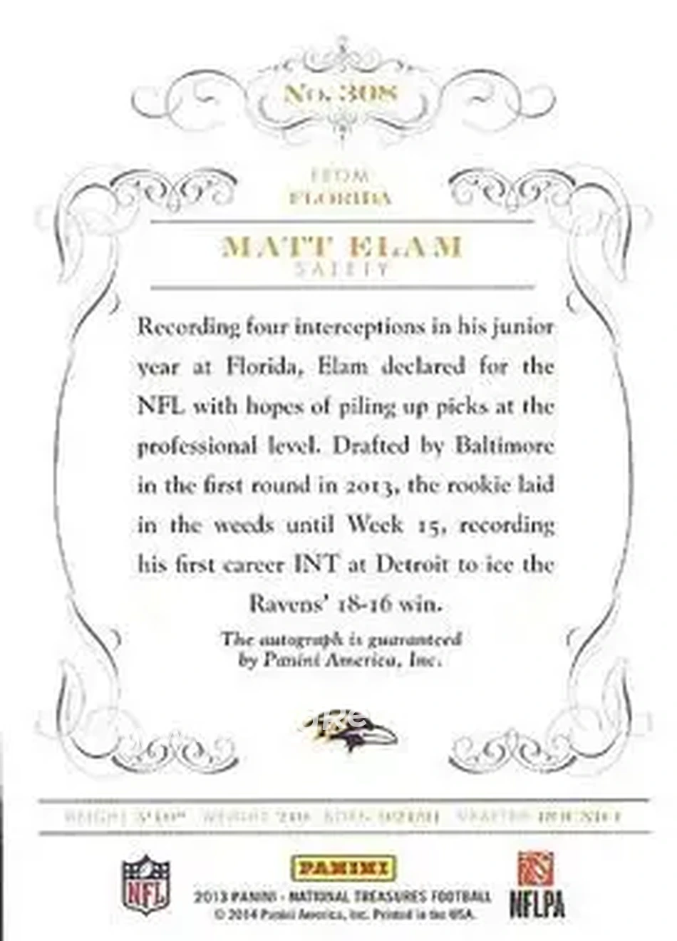 2013 Panini National Treasures - Century Gold #308 - Matt Elam - Baltimore Ravens - Back 2013 Panini National Treasures - Century Gold #308 - Matt Elam - Baltimore Ravens - Back