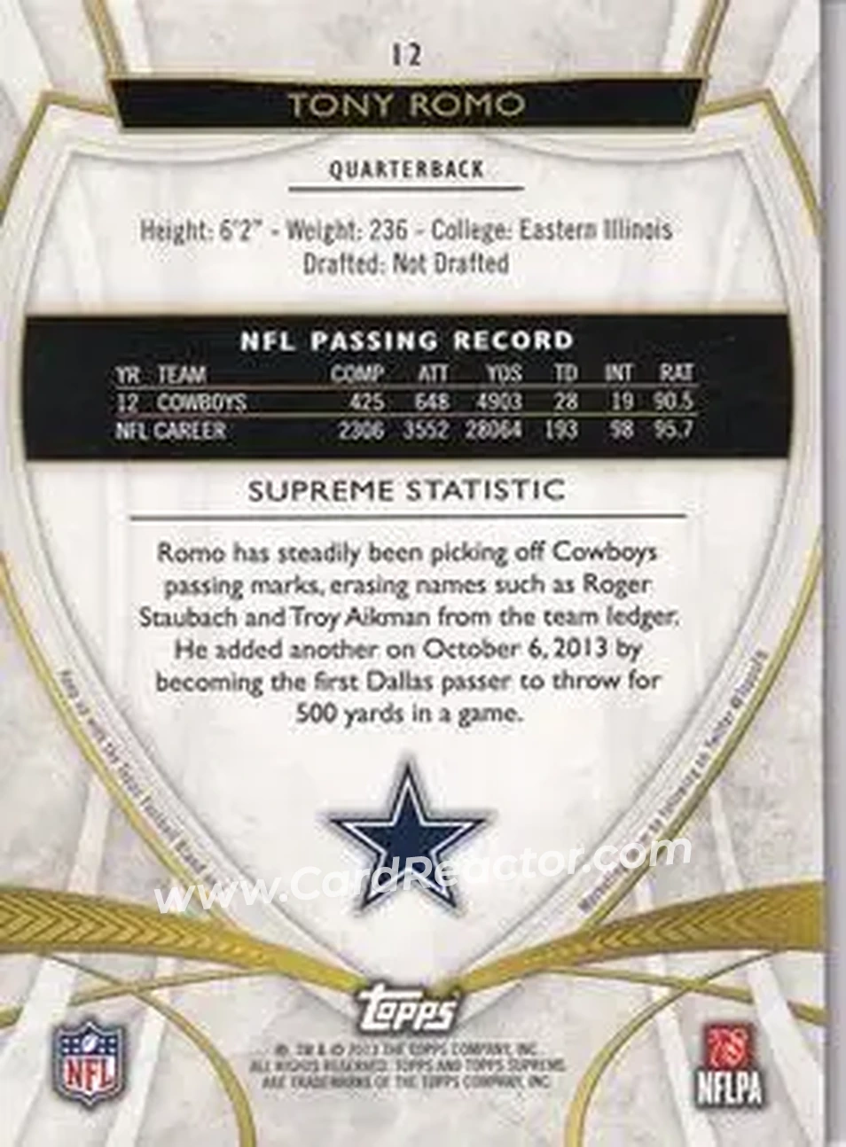 2013 Topps Supreme - Sepia #12 - Tony Romo - Dallas Cowboys - Back