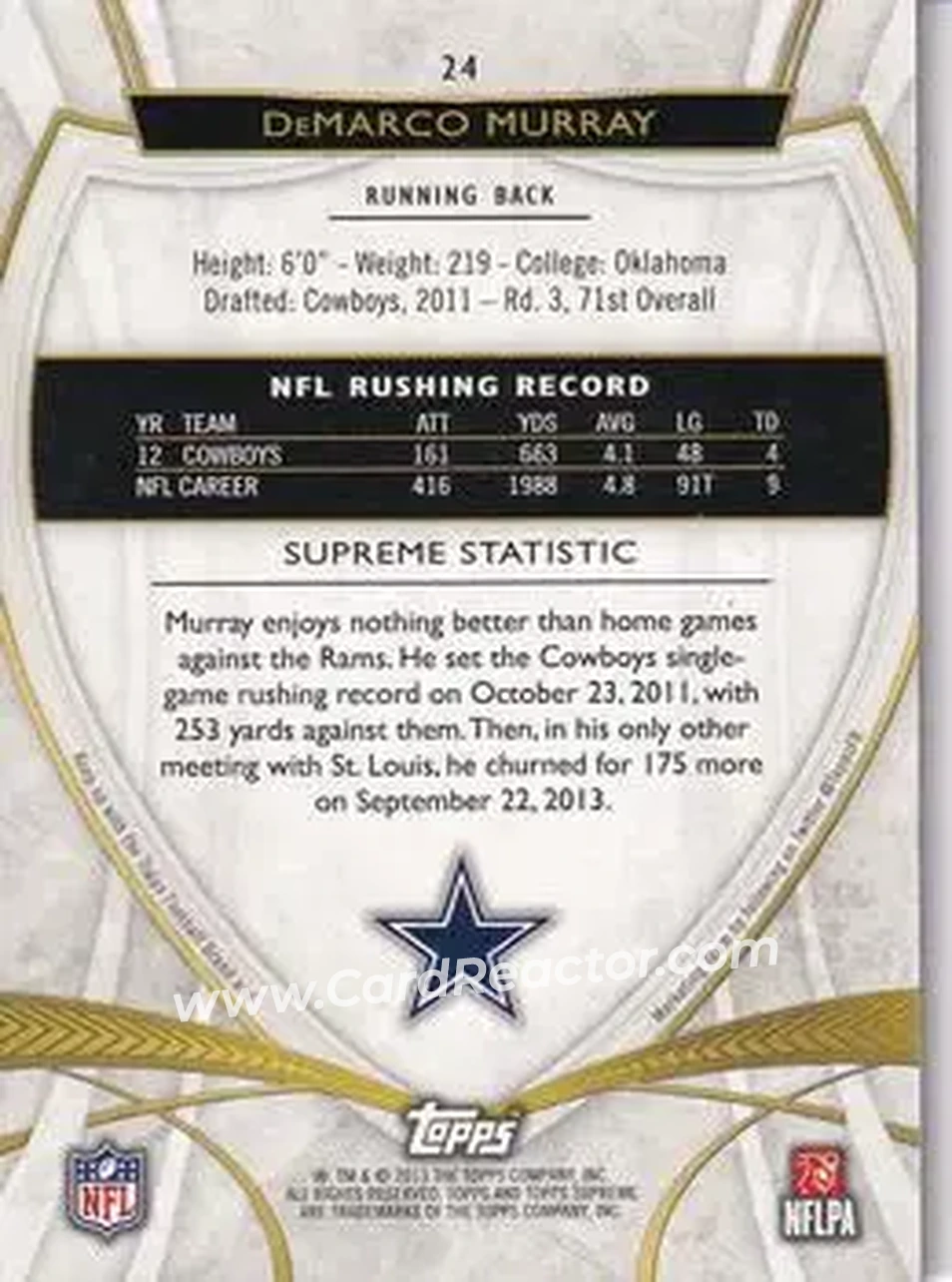 2013 Topps Supreme - Sepia #24 - DeMarco Murray - Dallas Cowboys - Back