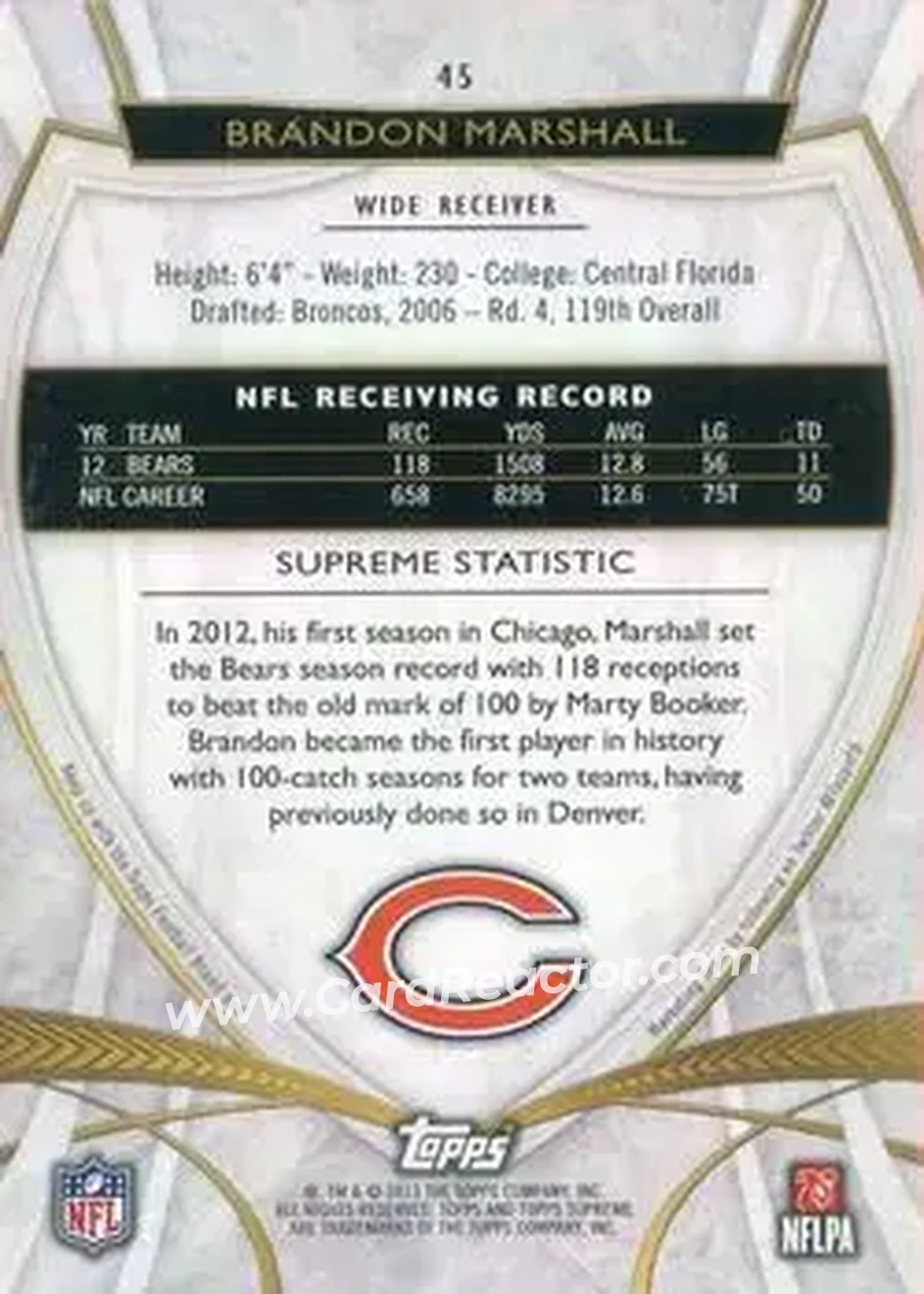 2013 Topps Supreme - Sepia #45 - Brandon Marshall - Chicago Bears - Back