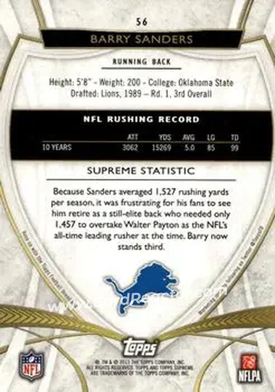 2013 Topps Supreme - Sepia #56 - Barry Sanders - Detroit Lions - Back