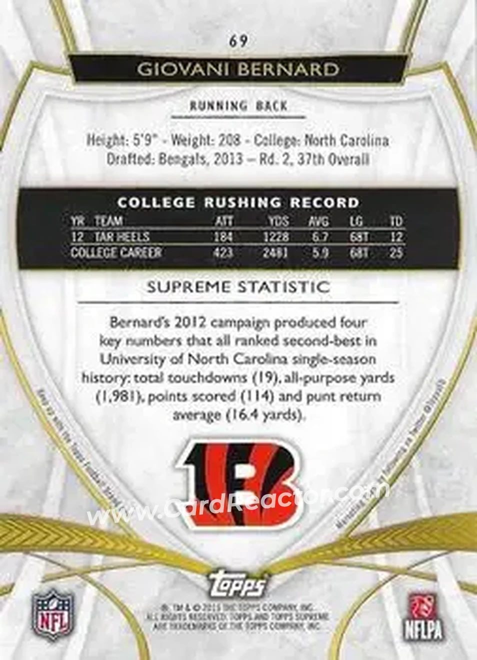 2013 Topps Supreme - Sepia #69 - Giovani Bernard - Cincinnati Bengals - Back