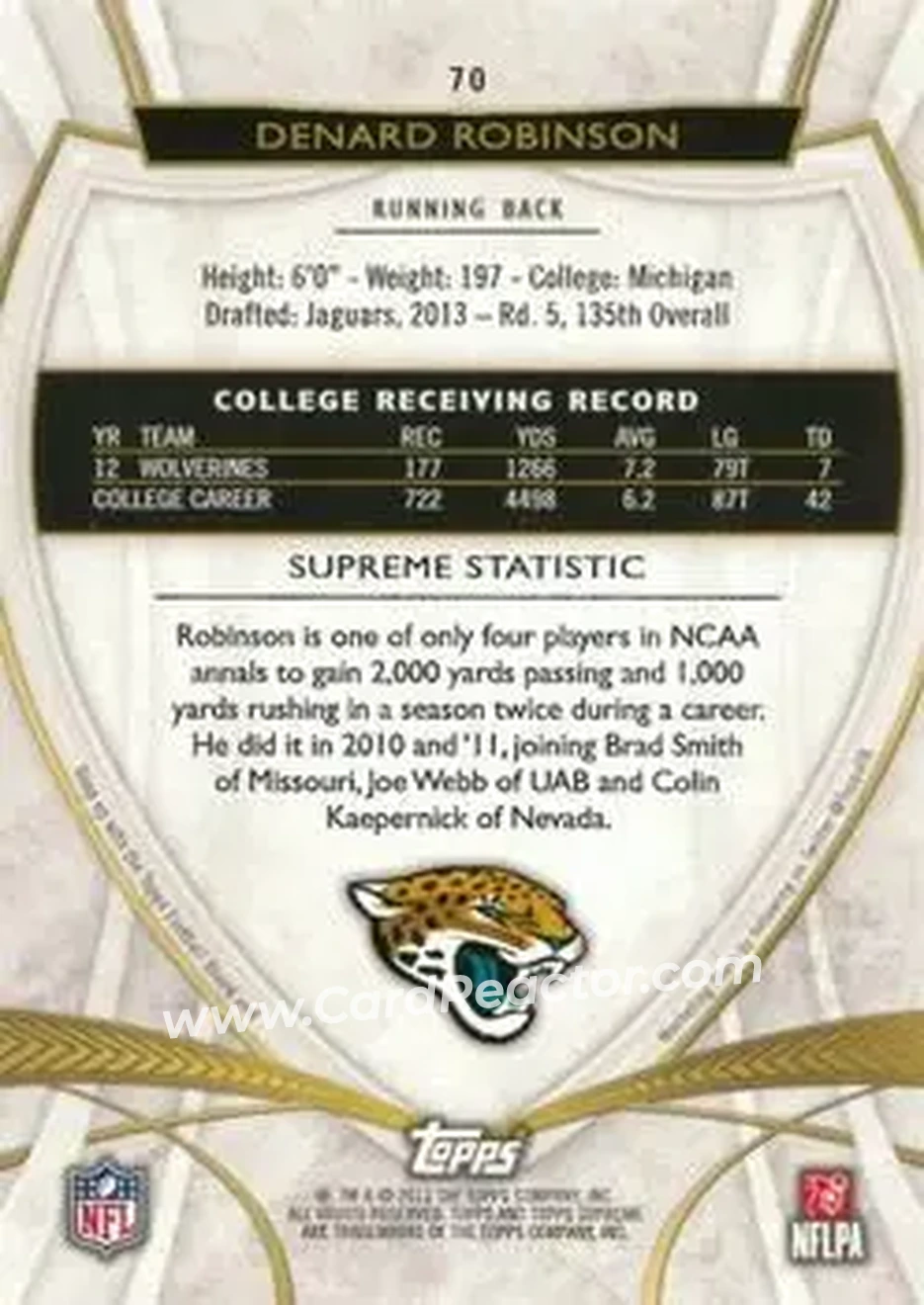 2013 Topps Supreme - Sepia #70 - Denard "Shoelace" Robinson - Jacksonville Jaguars - Back