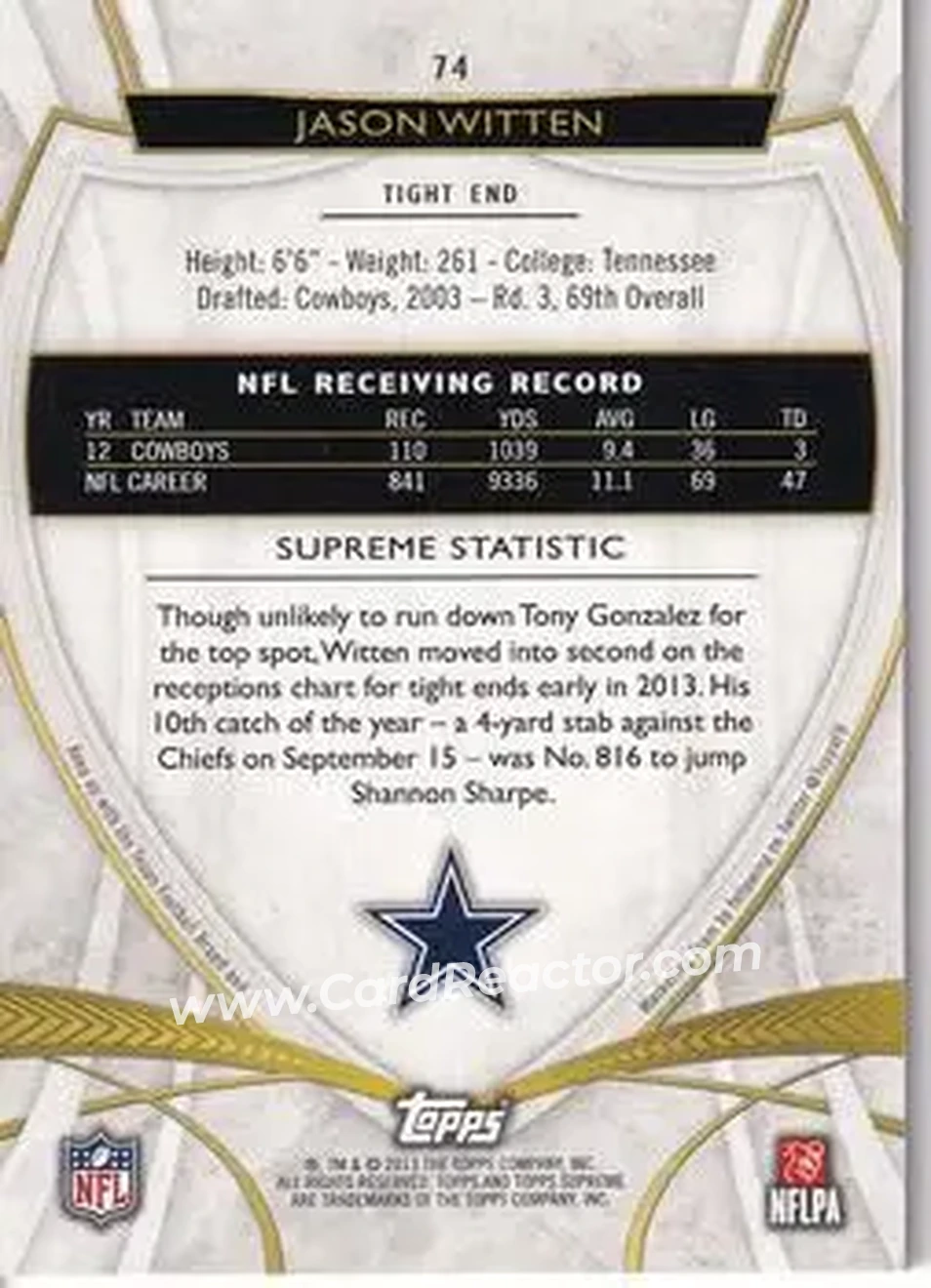 2013 Topps Supreme - Sepia #74 - Jason Witten - Dallas Cowboys - Back