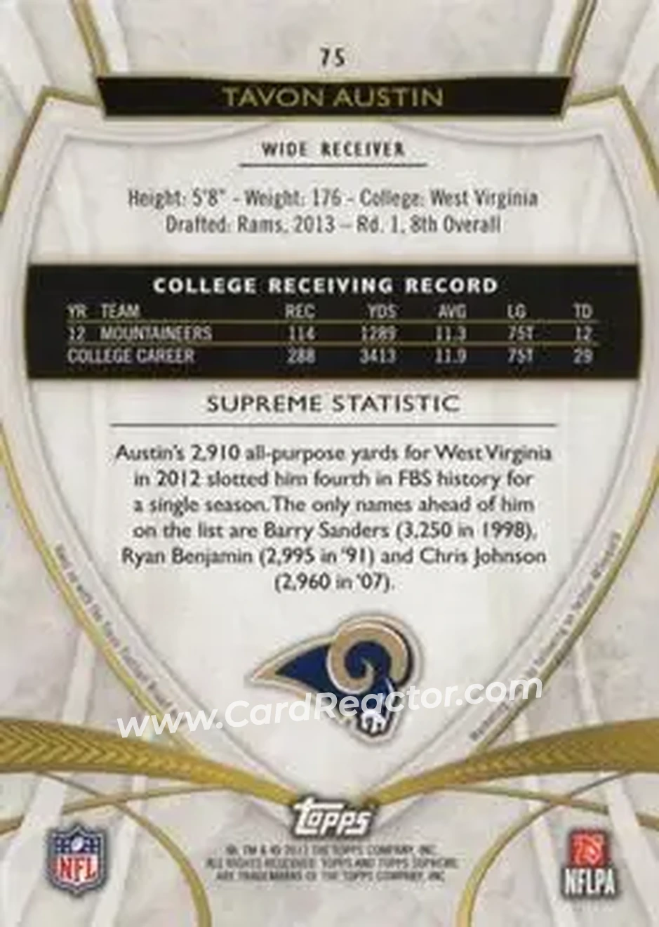 2013 Topps Supreme - Sepia #75 - Tavon Austin - St. Louis Rams - Back
