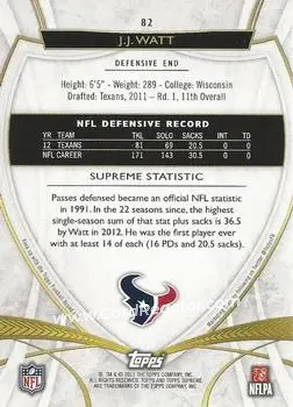 2013 Topps Supreme - Sepia #82 - J.J. Watt - Houston Texans - Back