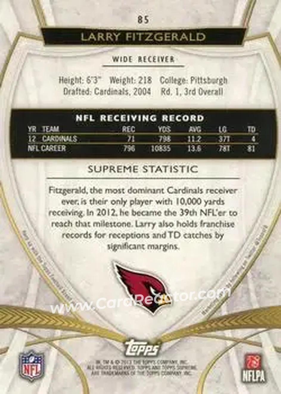 2013 Topps Supreme - Sepia #85 - Larry Fitzgerald - Arizona Cardinals - Back