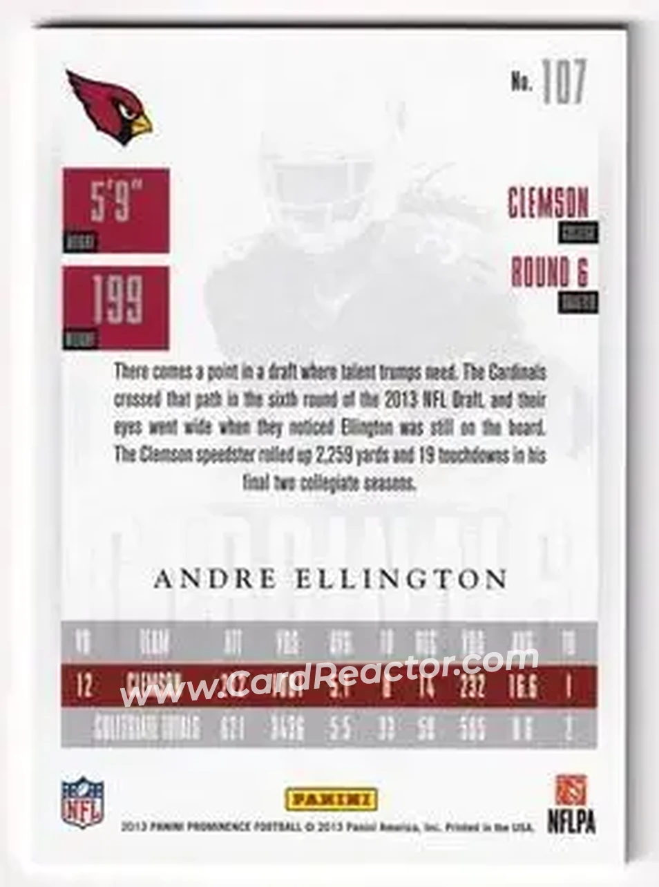 2013 Panini Prominence - Platinum #107 - Andre Ellington - Arizona Cardinals - Back 2013 Panini Prominence - Platinum #107 - Andre Ellington - Arizona Cardinals - Back