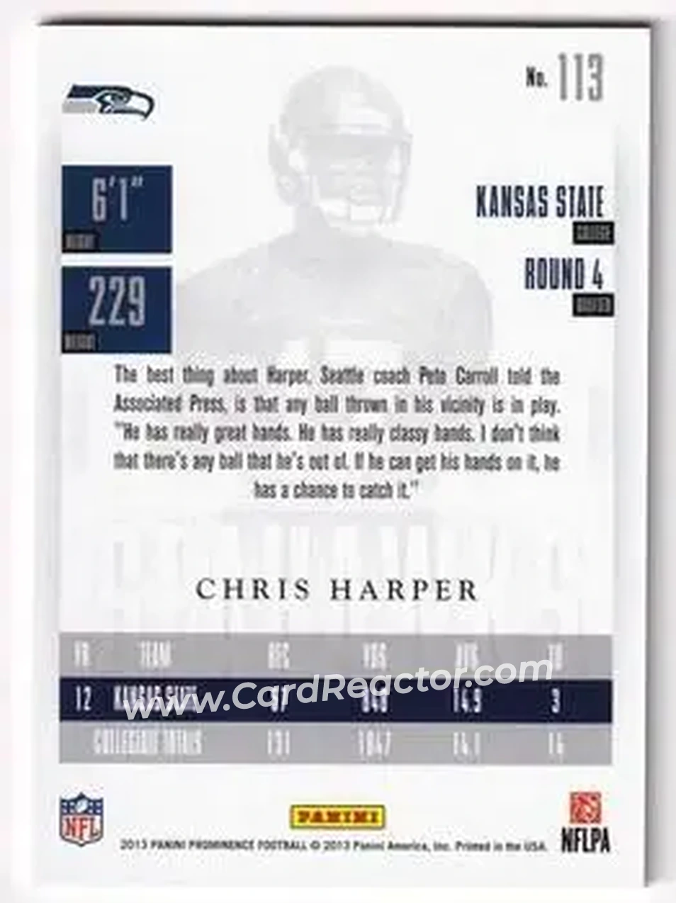 2013 Panini Prominence - Platinum #113 - Chris Harper - Seattle Seahawks - Back 2013 Panini Prominence - Platinum #113 - Chris Harper - Seattle Seahawks - Back