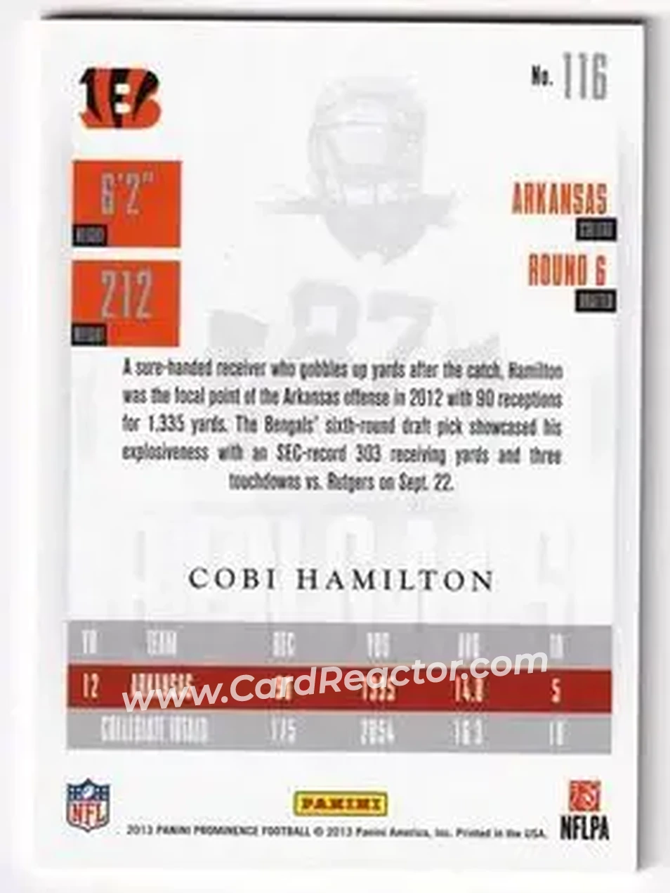 2013 Panini Prominence - Platinum #116 - Cobi Hamilton - Cincinnati Bengals - Back