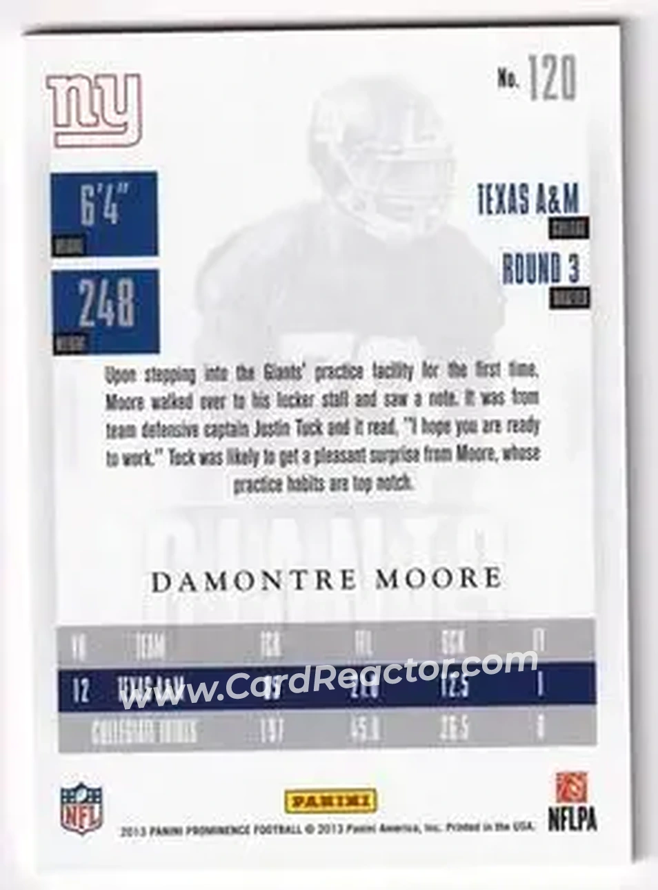 2013 Panini Prominence - Platinum #120 - Damontre Moore - New York Giants - Back 2013 Panini Prominence - Platinum #120 - Damontre Moore - New York Giants - Back