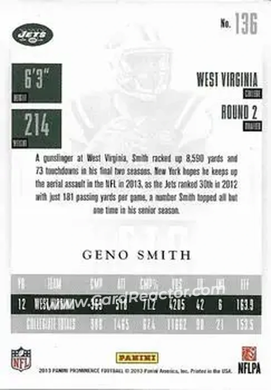 2013 Panini Prominence - Platinum #136 - Geno Smith - New York Jets - Back
