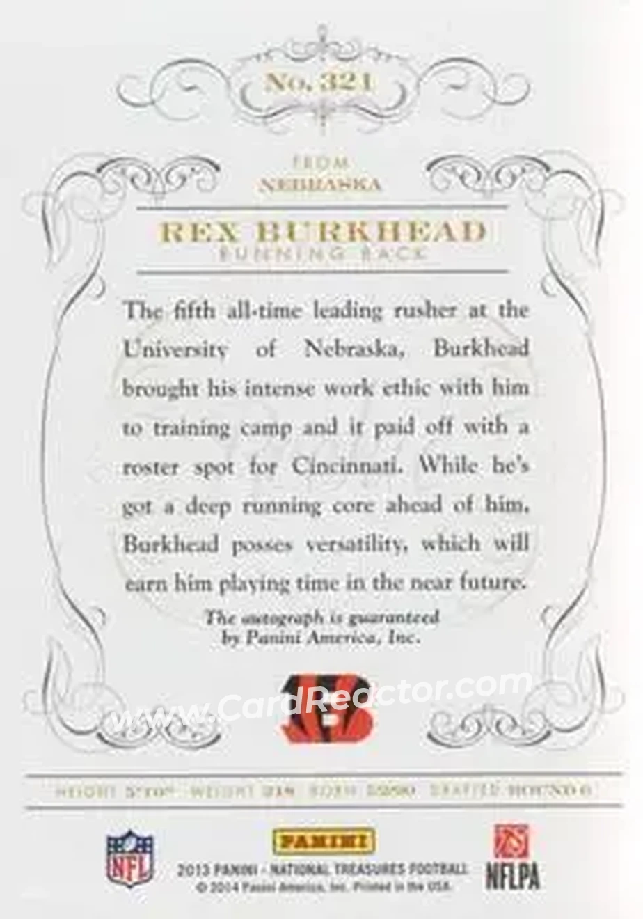 2013 Panini National Treasures - Century Gold #321 - Rex Burkhead - Cincinnati Bengals - Back