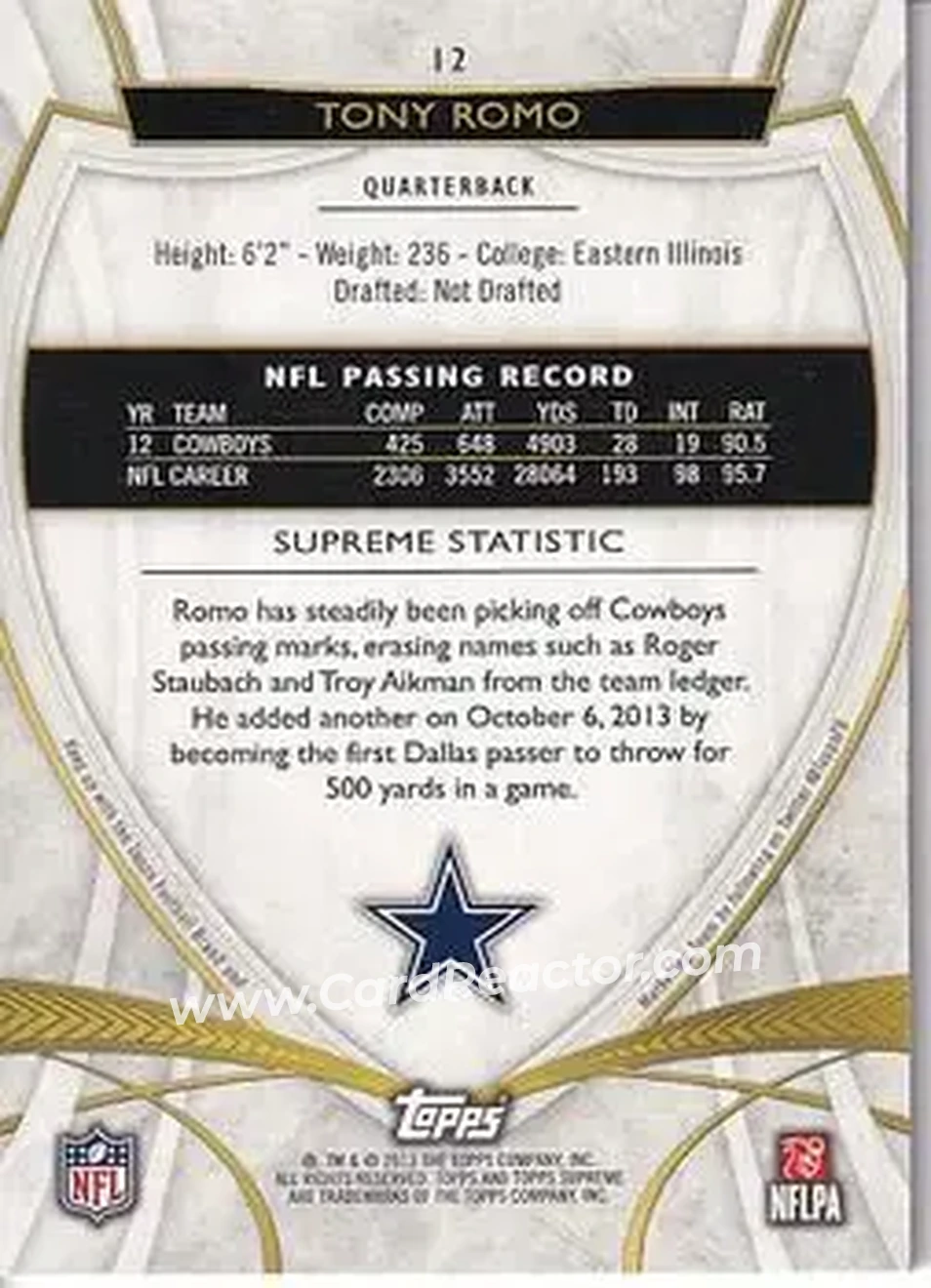 2013 Topps Supreme - Blue #12 - Tony Romo - Dallas Cowboys - Back 2013 Topps Supreme - Blue #12 - Tony Romo - Dallas Cowboys - Back