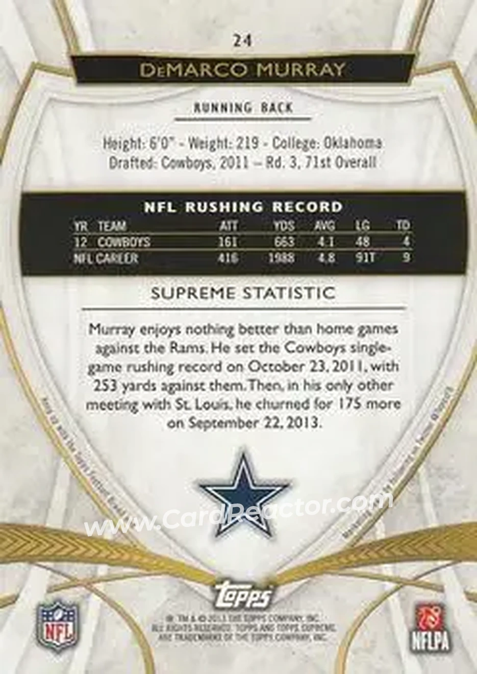 2013 Topps Supreme - Blue #24 - DeMarco Murray - Dallas Cowboys - Back