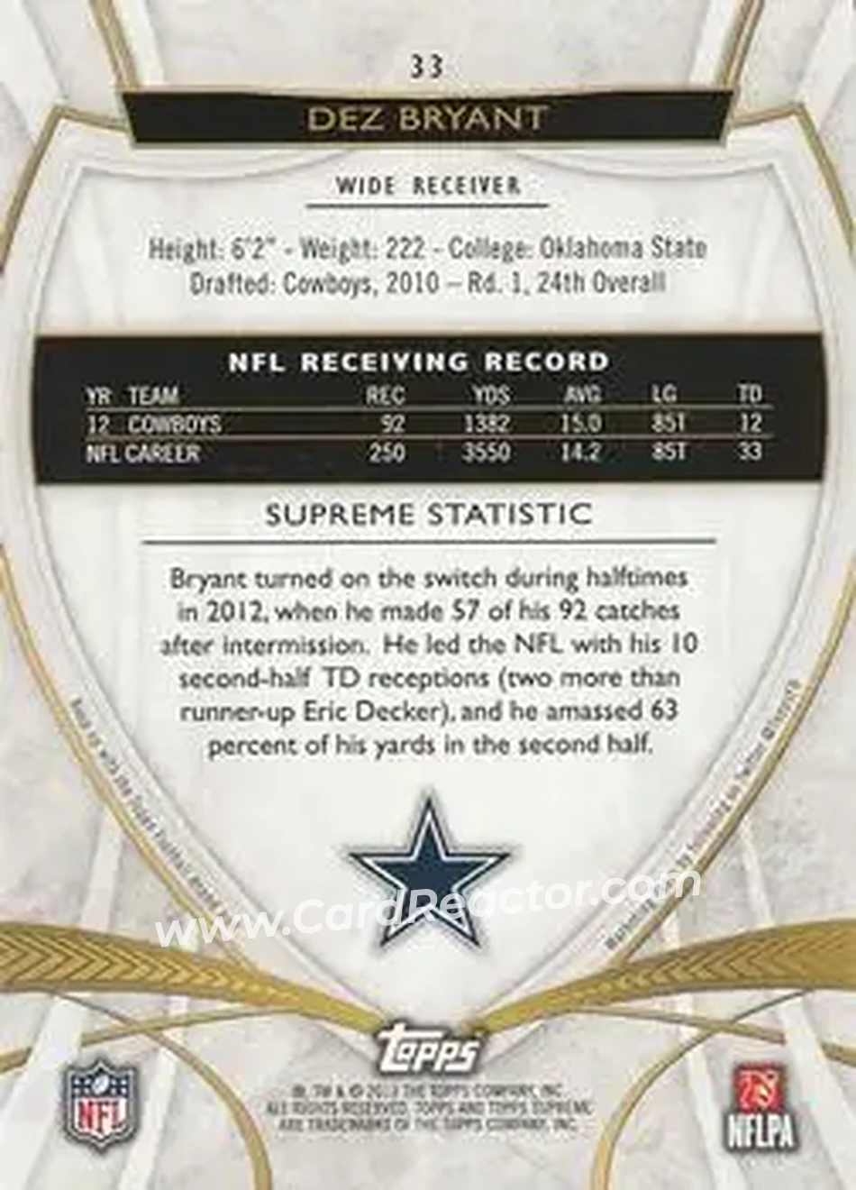 2013 Topps Supreme - Blue #33 - Dez Bryant - Dallas Cowboys - Back