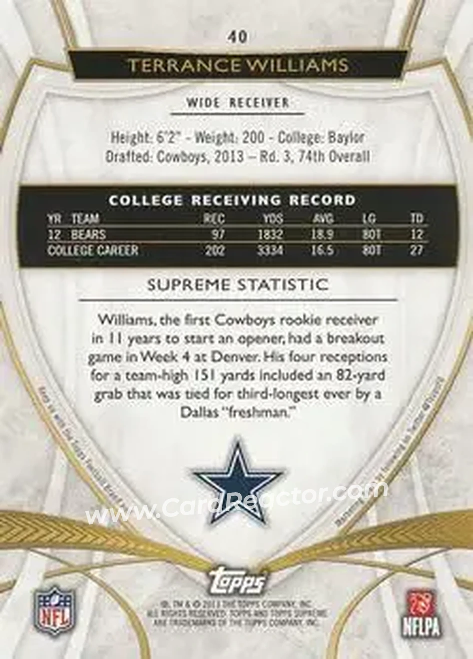 2013 Topps Supreme - Blue #40 - Terrance Williams - Dallas Cowboys - Back
