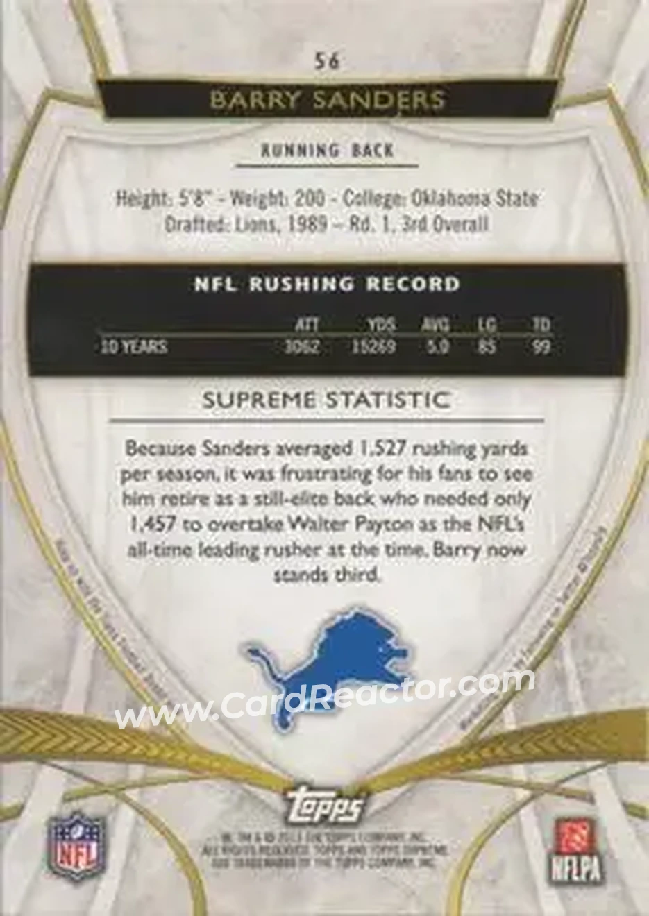 2013 Topps Supreme - Blue #56 - Barry Sanders - Detroit Lions - Back 2013 Topps Supreme - Blue #56 - Barry Sanders - Detroit Lions - Back