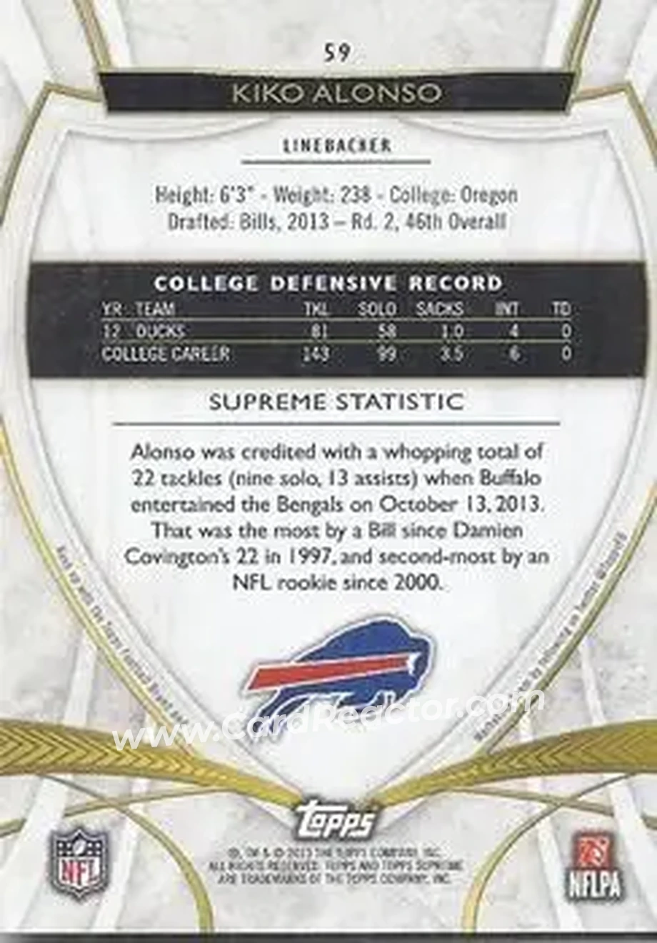 2013 Topps Supreme - Blue #59 - Kiko Alonso - Buffalo Bills - Back
