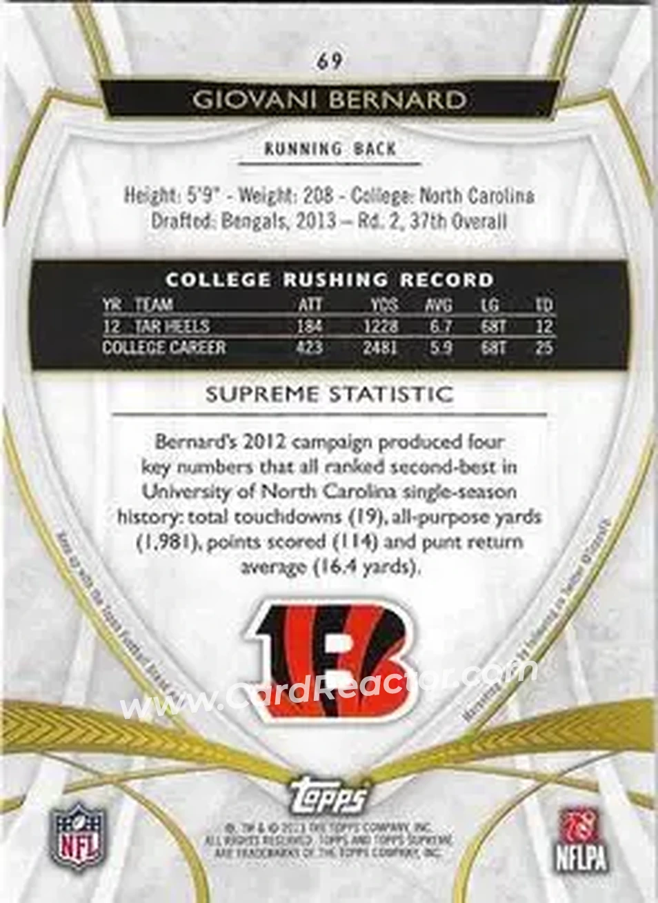 2013 Topps Supreme - Blue #69 - Giovani Bernard - Cincinnati Bengals - Back