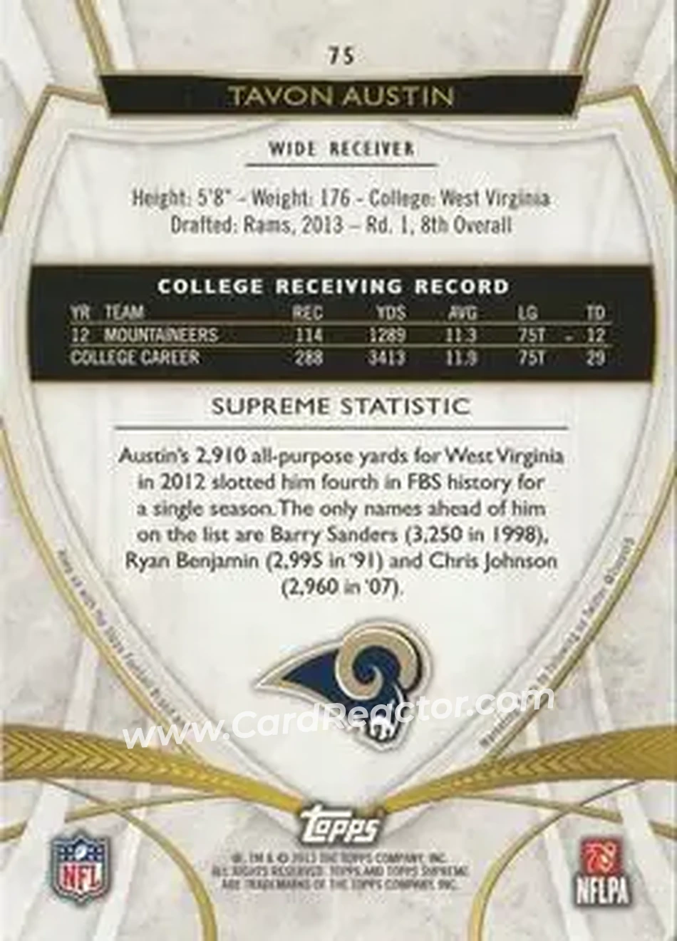 2013 Topps Supreme - Blue #75 - Tavon Austin - St. Louis Rams - Back 2013 Topps Supreme - Blue #75 - Tavon Austin - St. Louis Rams - Back