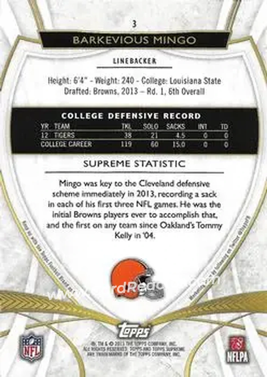 2013 Topps Supreme - Violet #3 - Barkevious Mingo - Cleveland Browns - Back