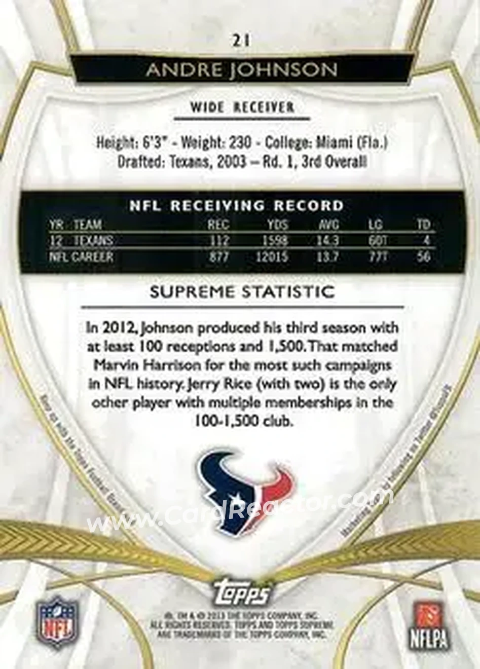 2013 Topps Supreme - Violet #21 - Andre Johnson - Houston Texans - Back