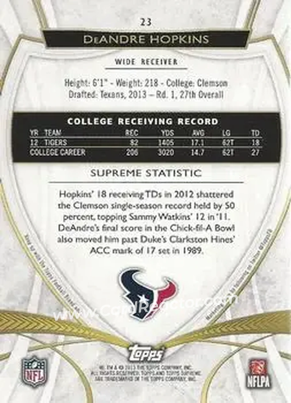 2013 Topps Supreme - Violet #23 - DeAndre Hopkins - Houston Texans - Back