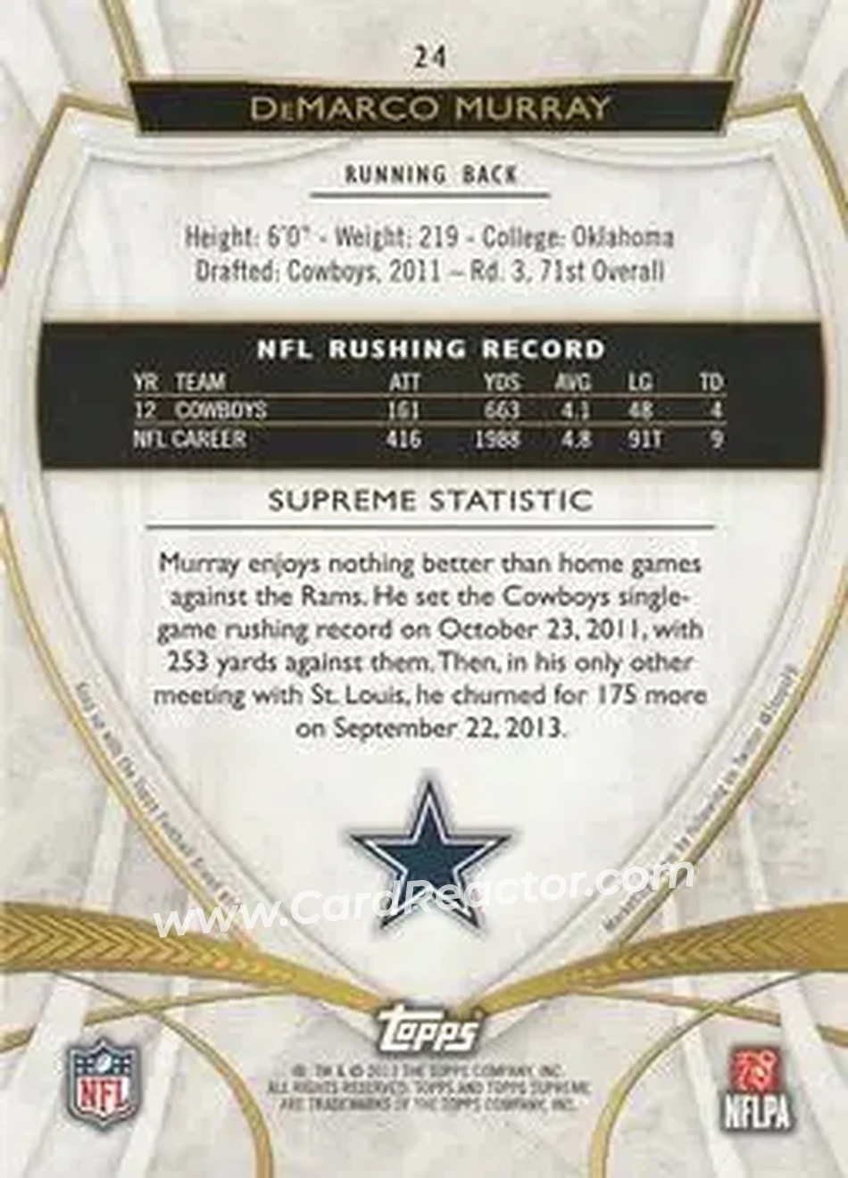 2013 Topps Supreme - Violet #24 - DeMarco Murray - Dallas Cowboys - Back 2013 Topps Supreme - Violet #24 - DeMarco Murray - Dallas Cowboys - Back
