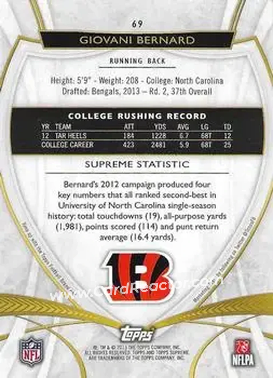 2013 Topps Supreme - Violet #69 - Giovani Bernard - Cincinnati Bengals - Back 2013 Topps Supreme - Violet #69 - Giovani Bernard - Cincinnati Bengals - Back