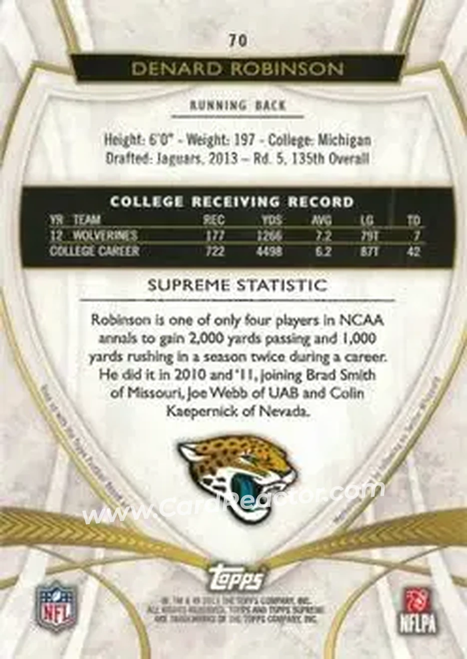 2013 Topps Supreme - Violet #70 - Denard "Shoelace" Robinson - Jacksonville Jaguars - Back