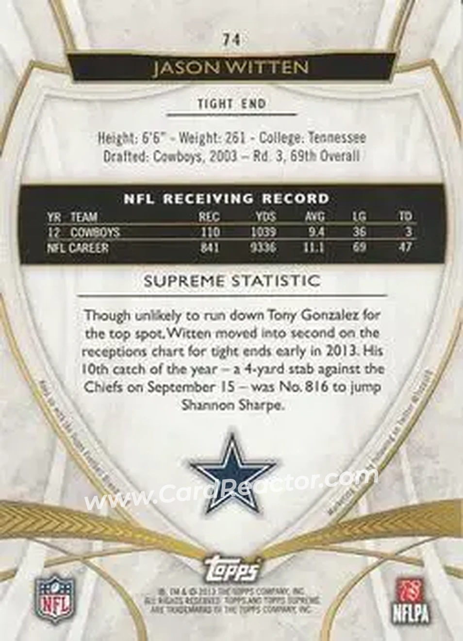 2013 Topps Supreme - Violet #74 - Jason Witten - Dallas Cowboys - Back