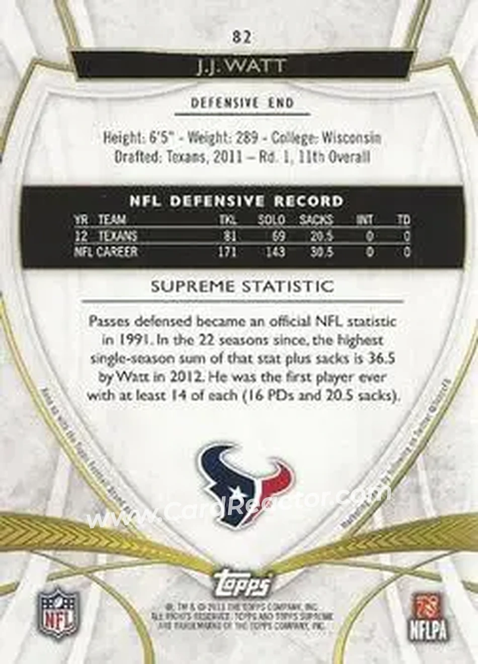 2013 Topps Supreme - Violet #82 - J.J. Watt - Houston Texans - Back 2013 Topps Supreme - Violet #82 - J.J. Watt - Houston Texans - Back